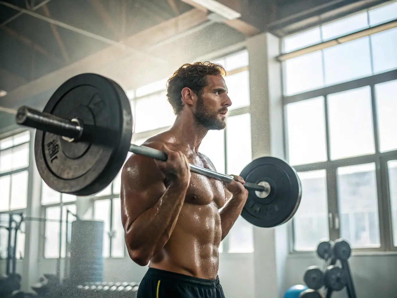 A person happily working out in their home gym, lifting dumbbells with a focused expression, showcasing the personal and comfortable environment.