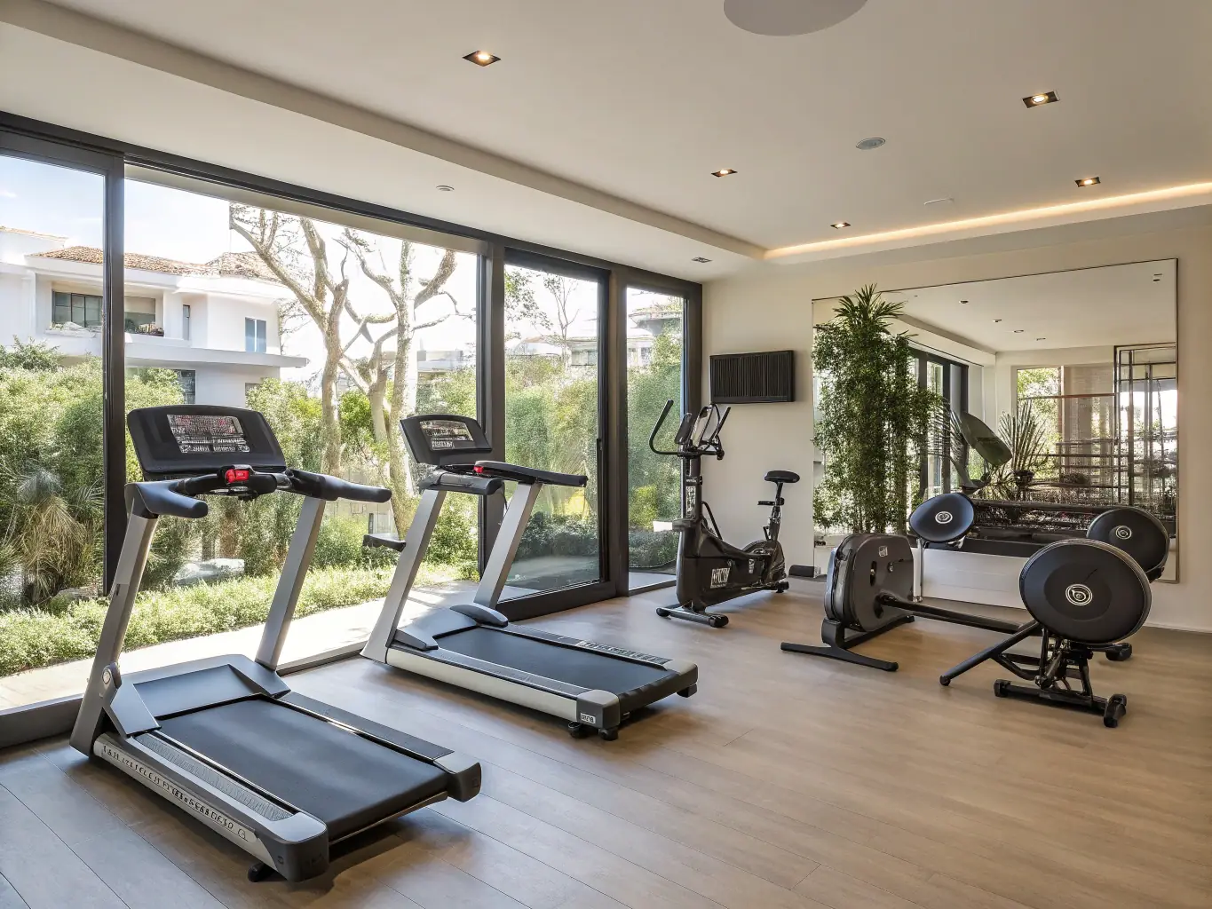 A well-equipped home gym featuring a power rack, weights, and adjustable dumbbells, set up in a modern, minimalist home interior with natural light.